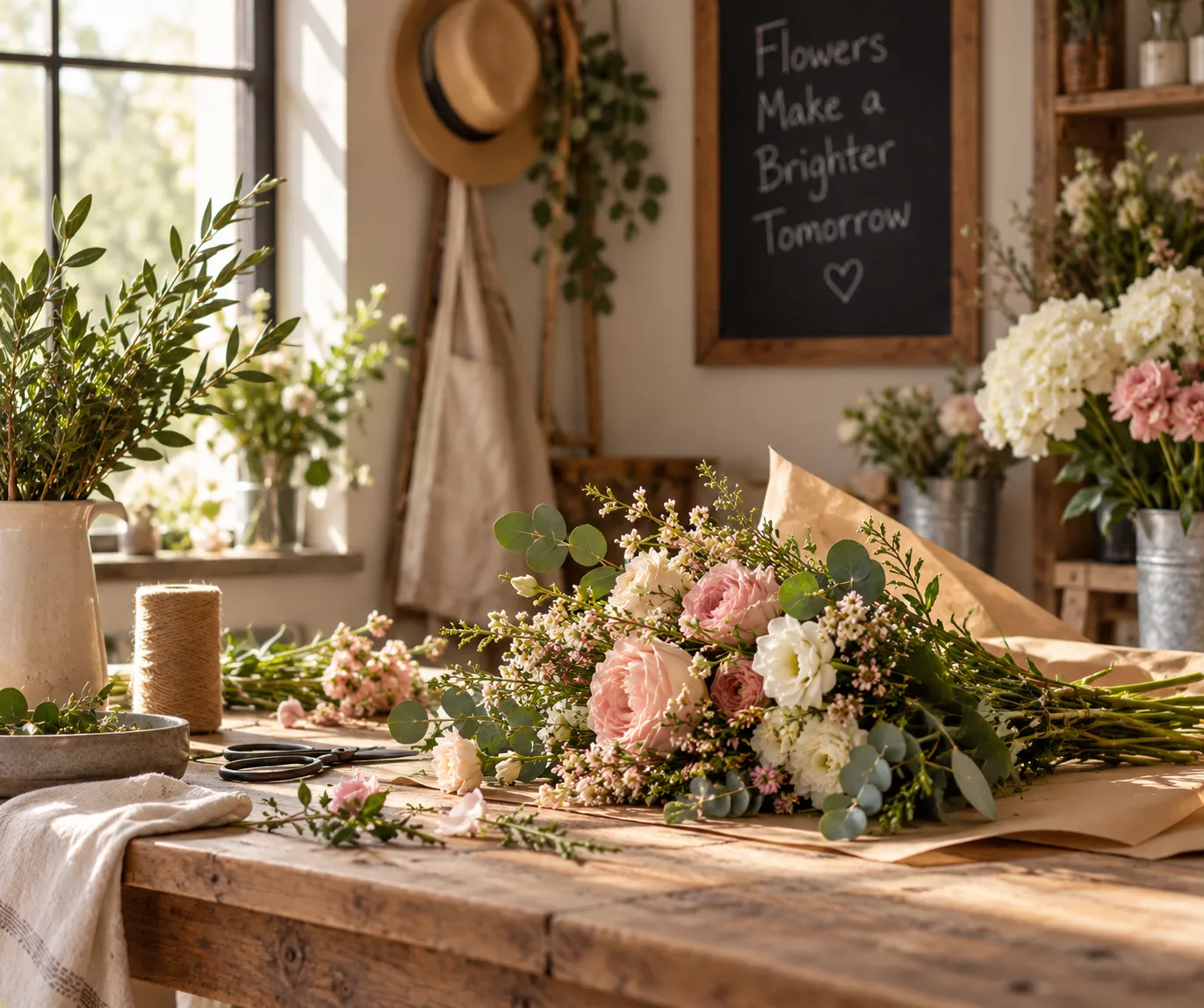 Barbara's Flower Boutique studio, arranging fresh blooms
